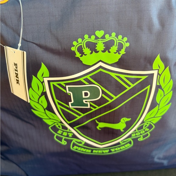 New Pink Victoria’s Secret Navy and Green Nylon Reversible Collegiate Tote - Picture 3 of 9